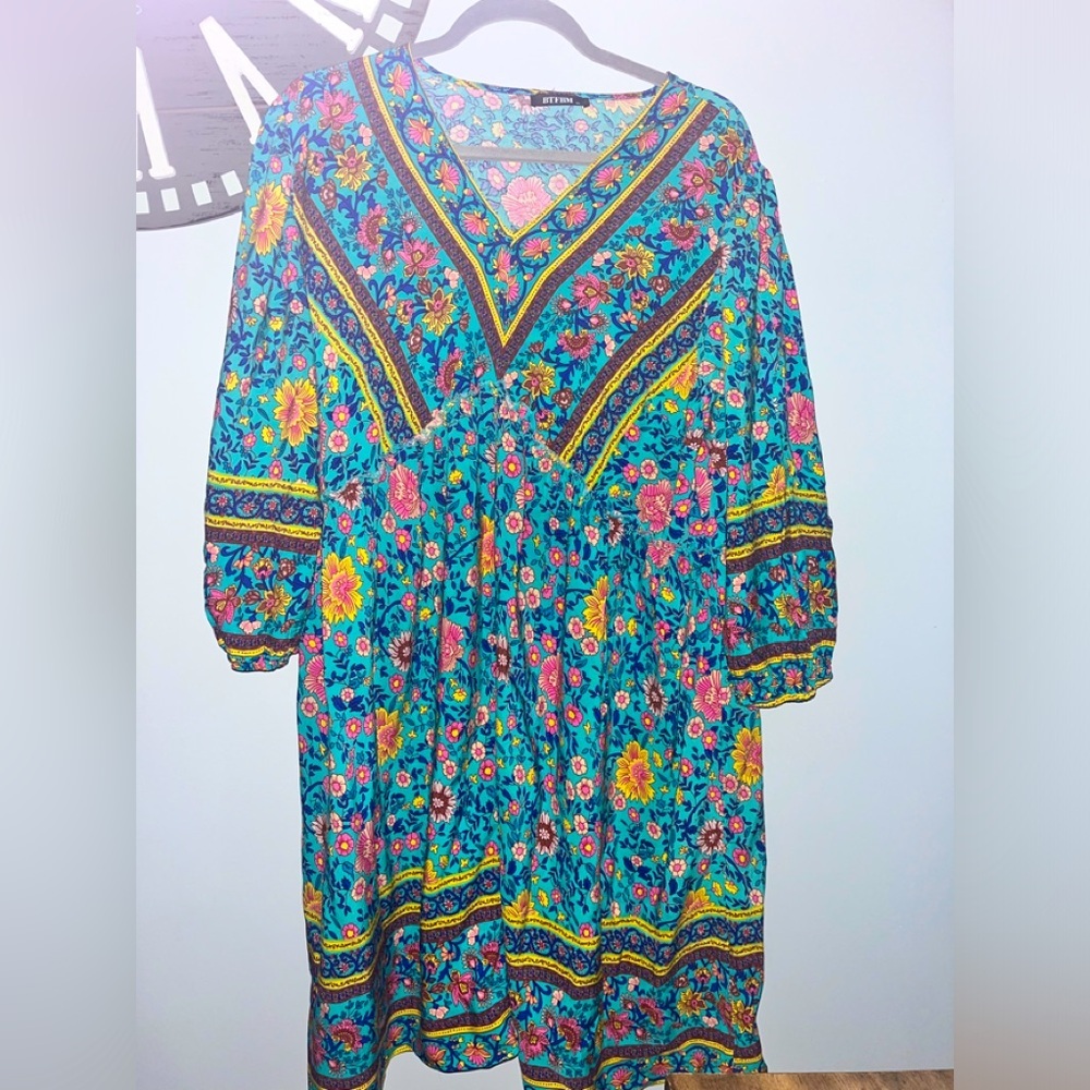BTFBM baby doll style v-neck 3/4 sleeve turquoise and pink patterned dress XL